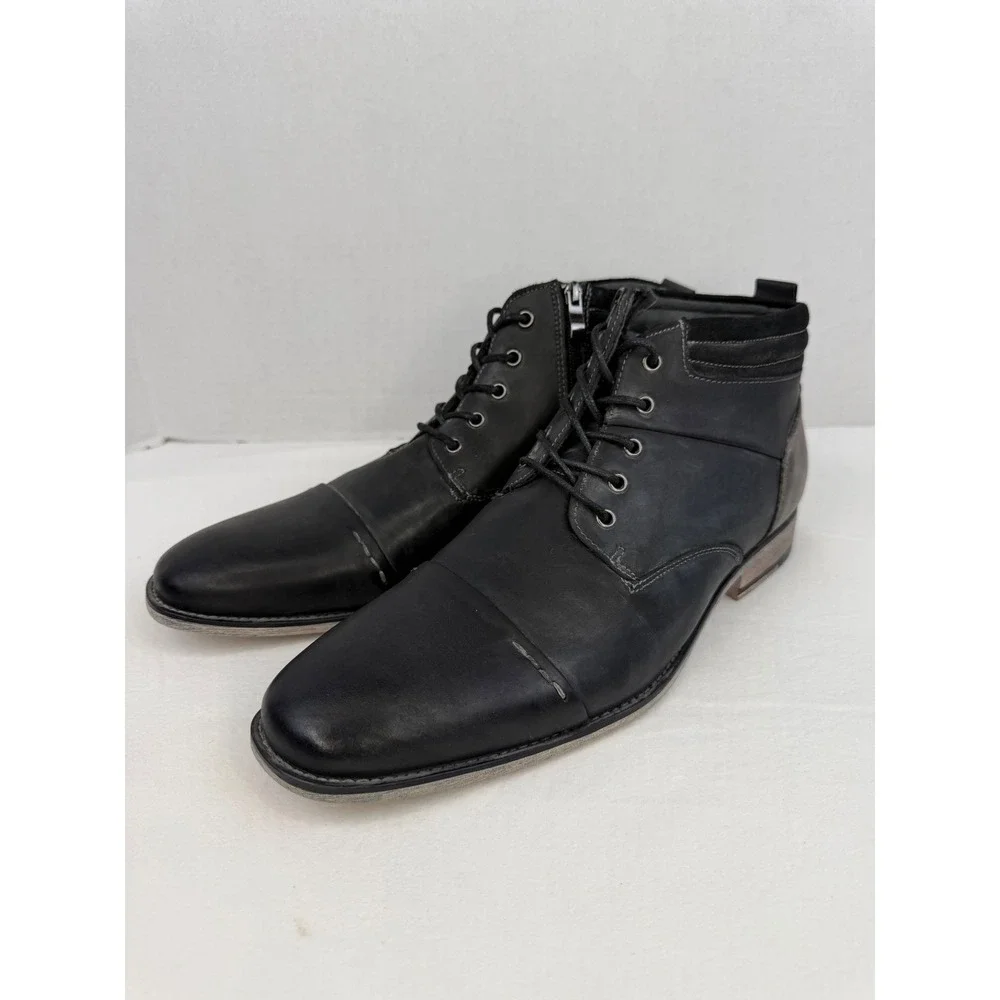 Steve Madden Mens P-Kontac Black Leather Cap Toe Lace Up Zip Dress Boots Size 11